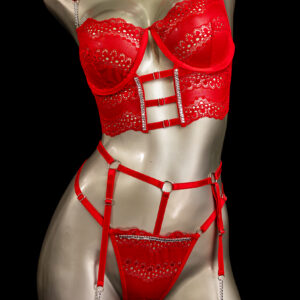 Conjunto liguero rojo brillos
